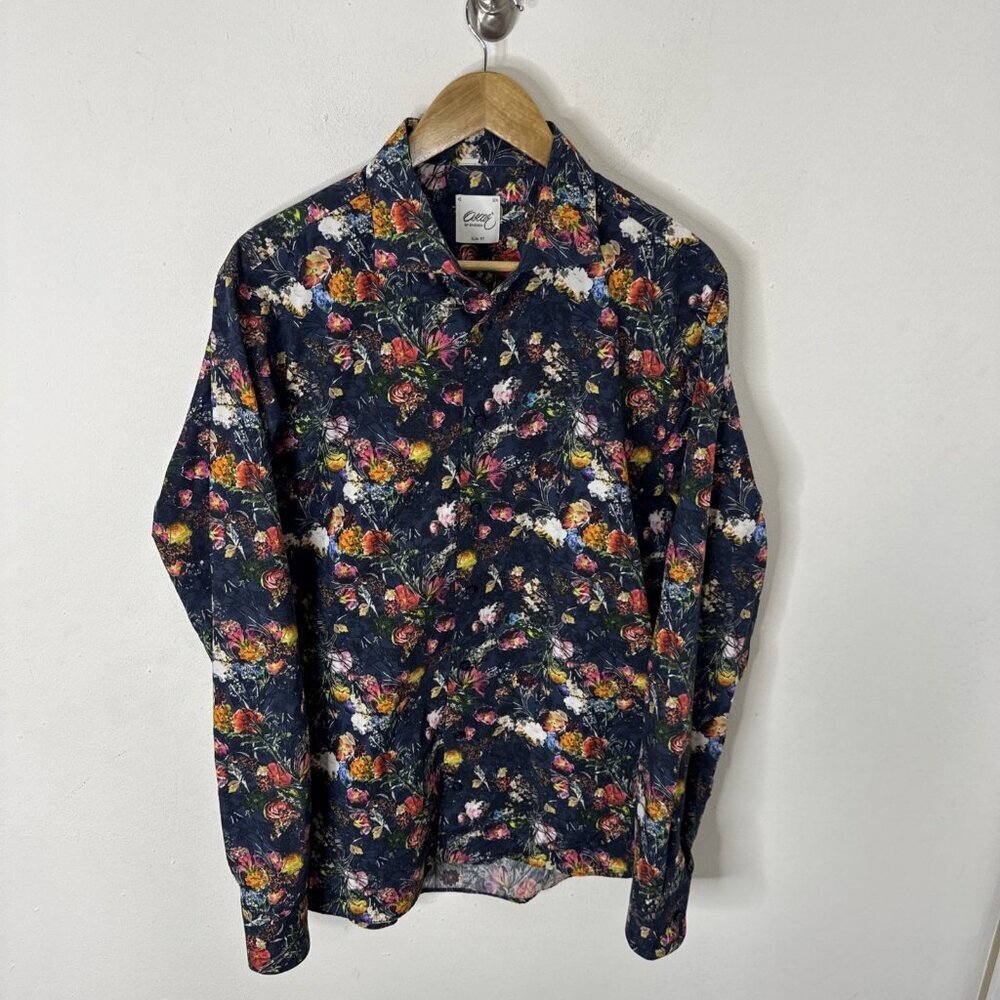 Oscar of Sweden Shirt Men 42 L Slim Fit Floral Button Up Long Sleeve Dress Shirt